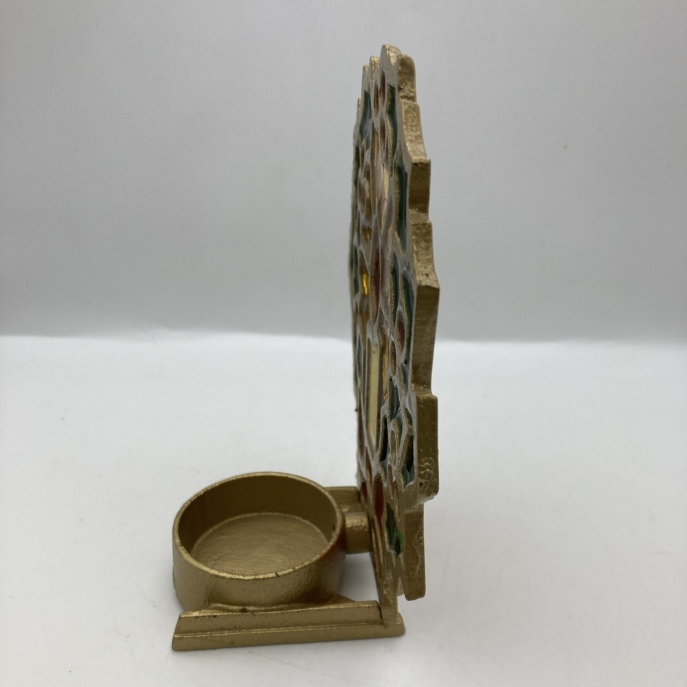 Vintage STAINED GLASS Cast Iron Wreath CANDLE HOLDER MCM 70s Christmas - Picture 10 of 11